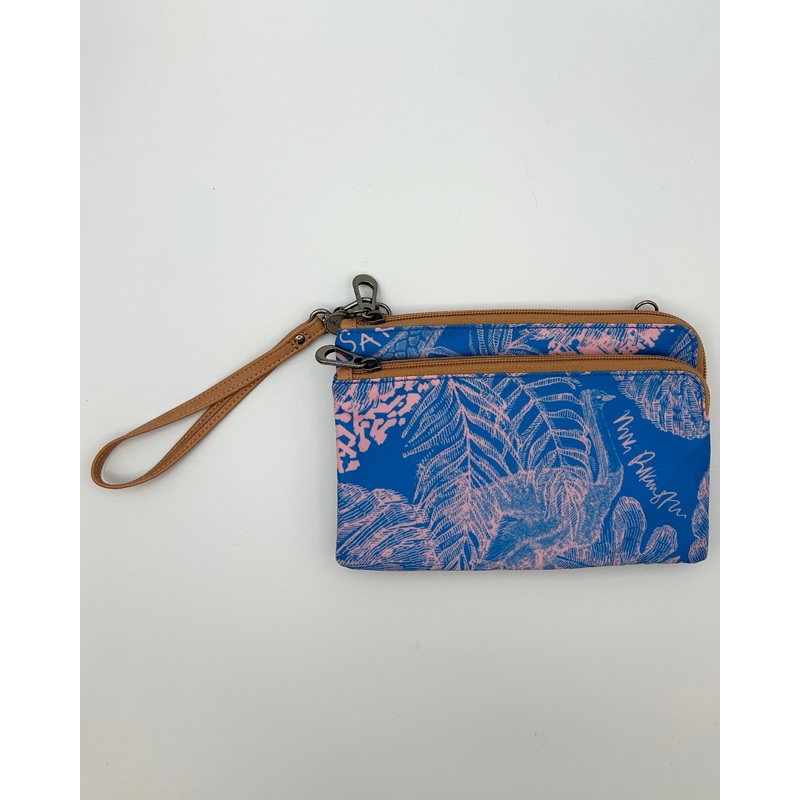 Blue and Pink Tropical Print Wristlet / Crossbody