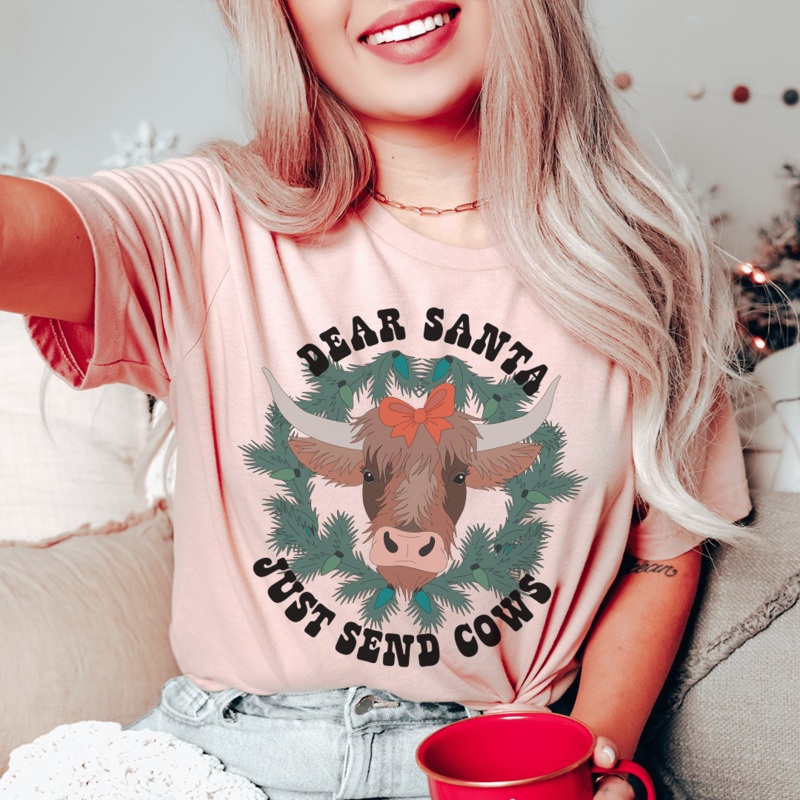 Dear Santa Just Send Cows Tee Heather Prism Peach S