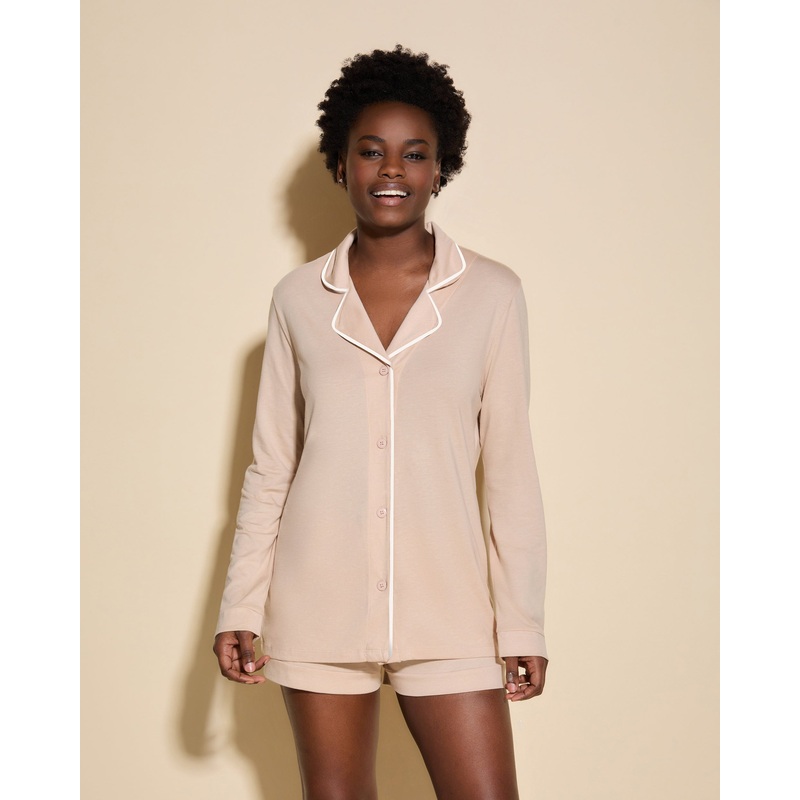 Long Sleeve Top & Boxer Pajama Set Camel/Moon Ivory XS