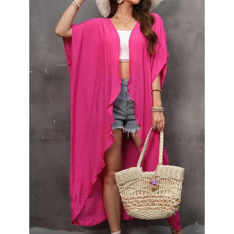 Open Front Half Sleeve Cover Up Hot Pink One Size