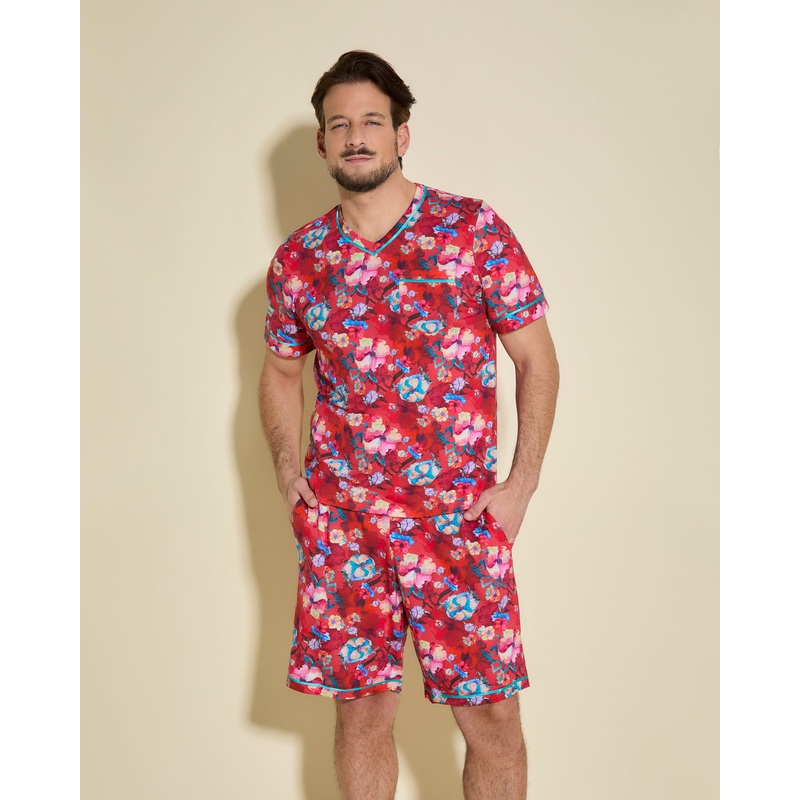 Pigiama Da Uomo Con Top  Maniche Corte E Pantaloncini Faded Rose/ Andaman Sea S