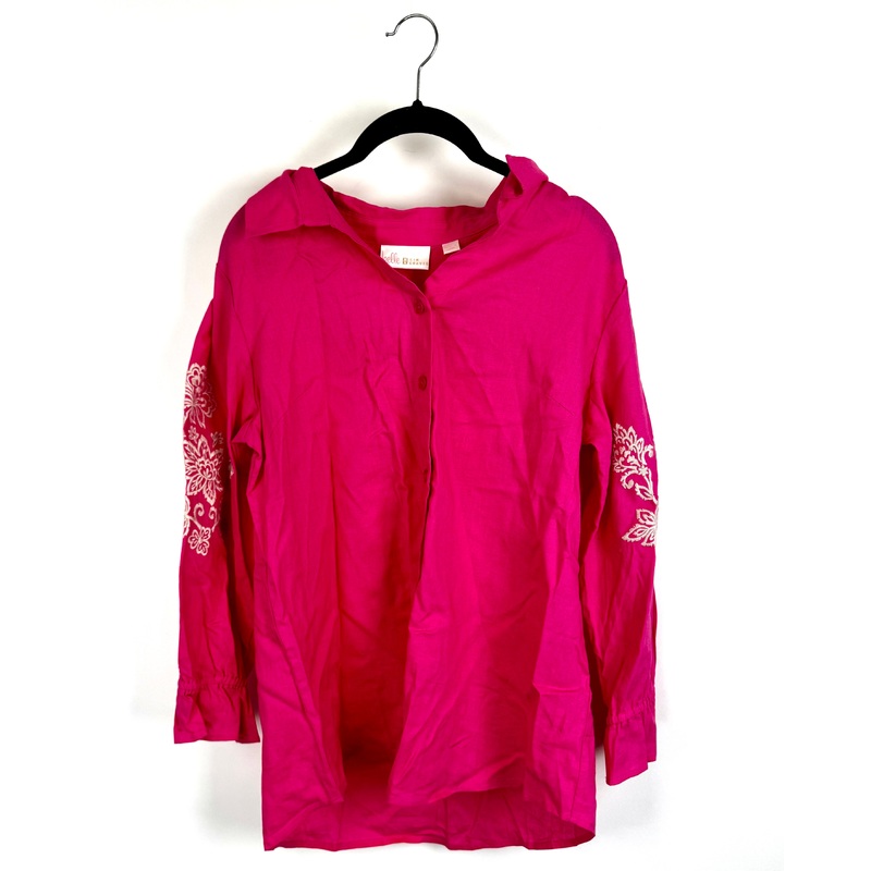 Pink Button Up Blouse With Embroidered Sleeves – Size 6/8
