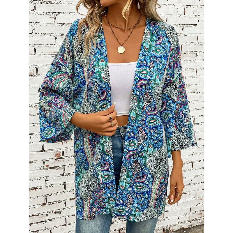 Printed Open Front Three-Quarter Sleeve Cover Up Teal One Size
