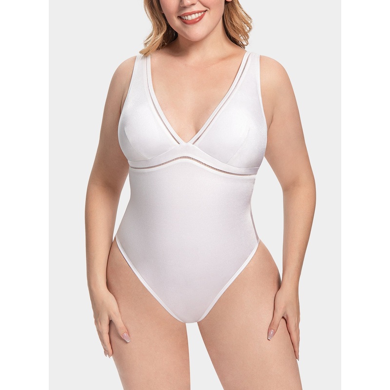 Women One Piece Swimsuits Plunge Bathing Suit Plus Size Swimwear White/Black Black M