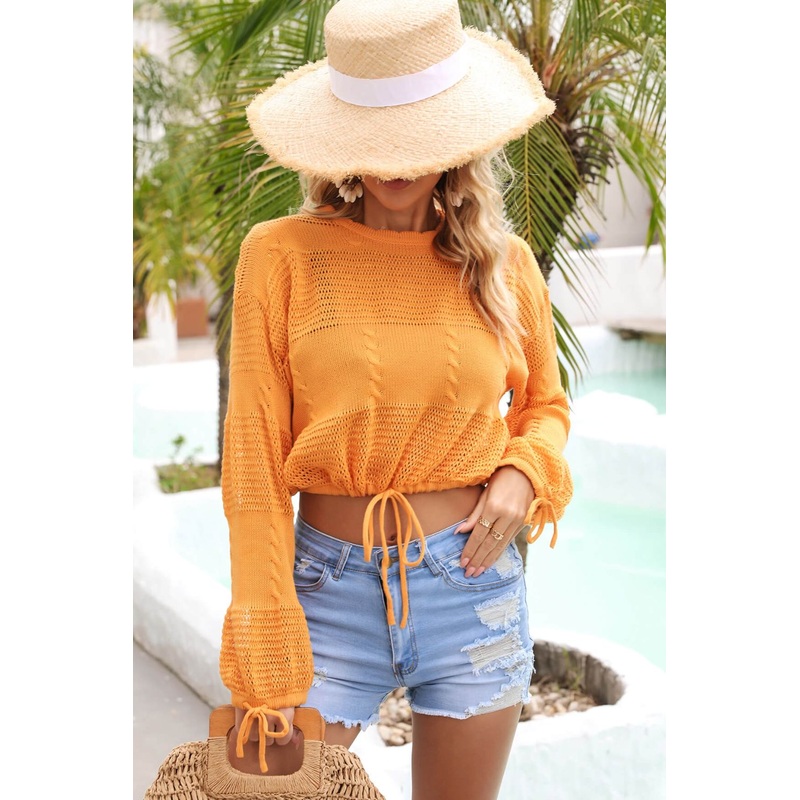 Angel Wings Drawstring Hem Round Neck Cropped Cover Up Tangerine S