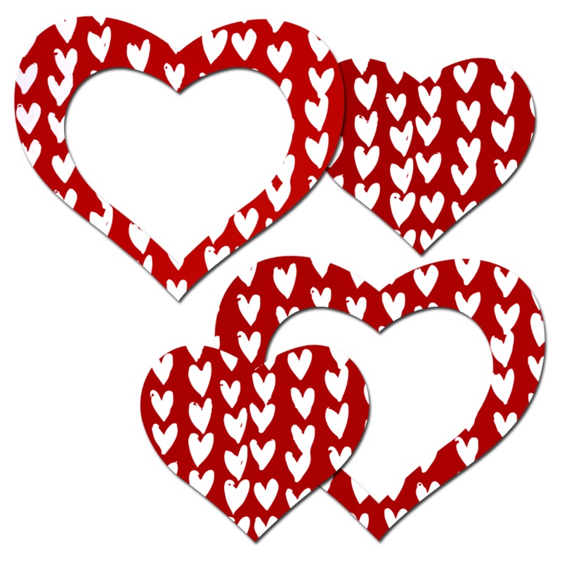 Peek-a-Boob: Red Hearts Pattern on White Heart Frame & Center Heart Nipple Pasties by Pastease Red