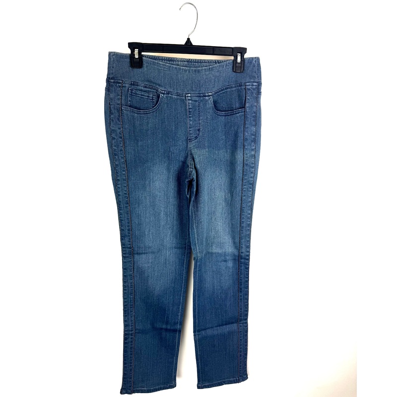 Mid-Wash Straight-Leg Jeans with Black Gem Side Detail- Size 12