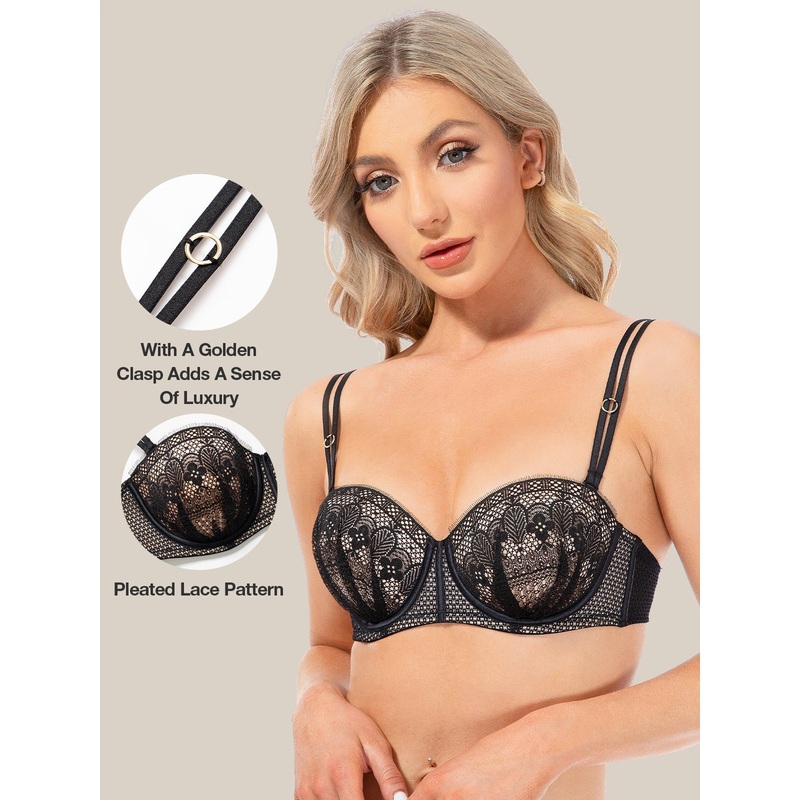 Push Up Full Figure Strapless Pleated Lace Multiway Bra Black 32B/70B