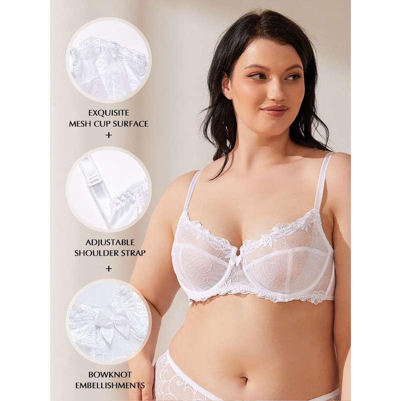 Plus Size See Through Unlined Underwire Lace Bra White 42C/95C