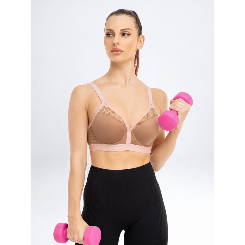 V Neck Full Figure Running Workout Bras Milk Coffee 34C