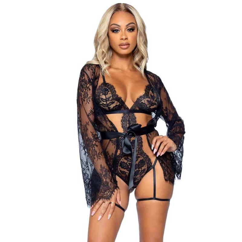 All Romance Lace Teddy and Robe Set – Medium – Black