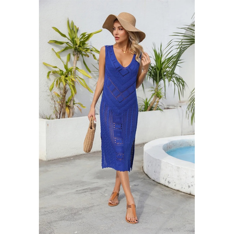 Angel Wings Openwork Slit V-Neck Sleeveless Cover Up Royal Blue One Size
