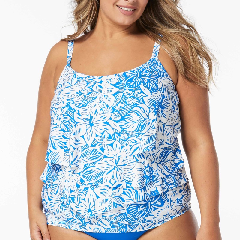 Aura Ruffle Bra Sized Underwire Tankini Top – U1B075 – Bungalow Floral BLUE 34D