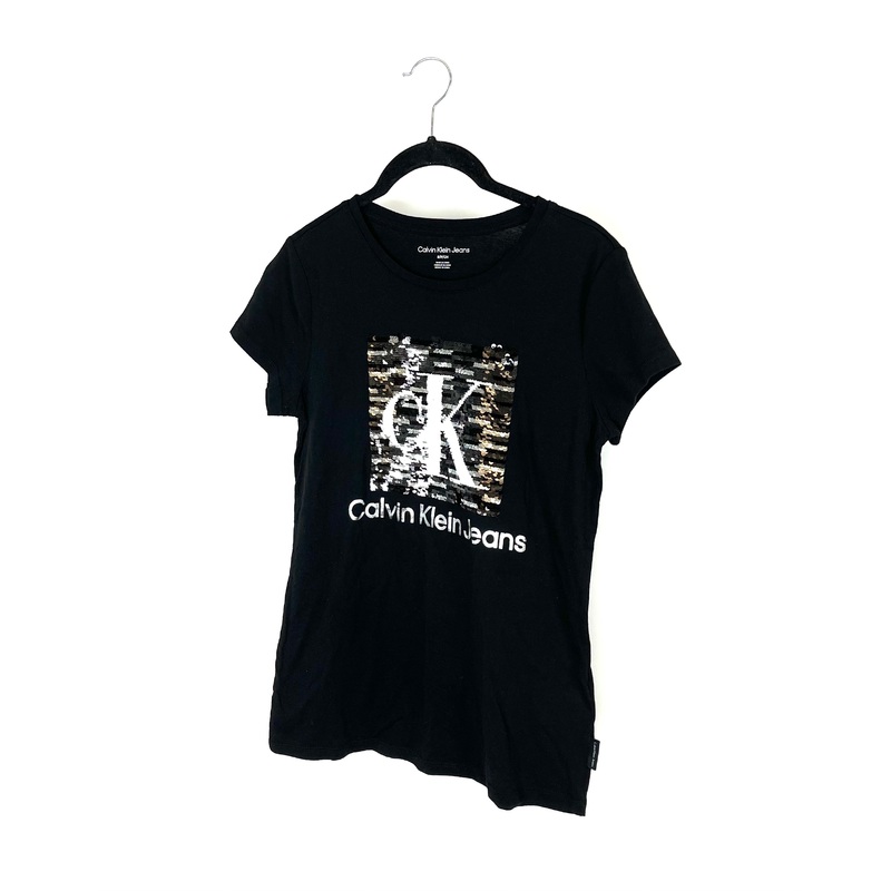 Black Sequin Logo Short Sleeve Top – Small