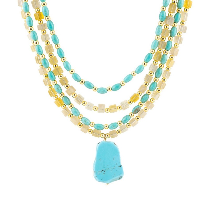 Blue Turquoise and Yellow Citrine Multi-Layer Golden Necklace