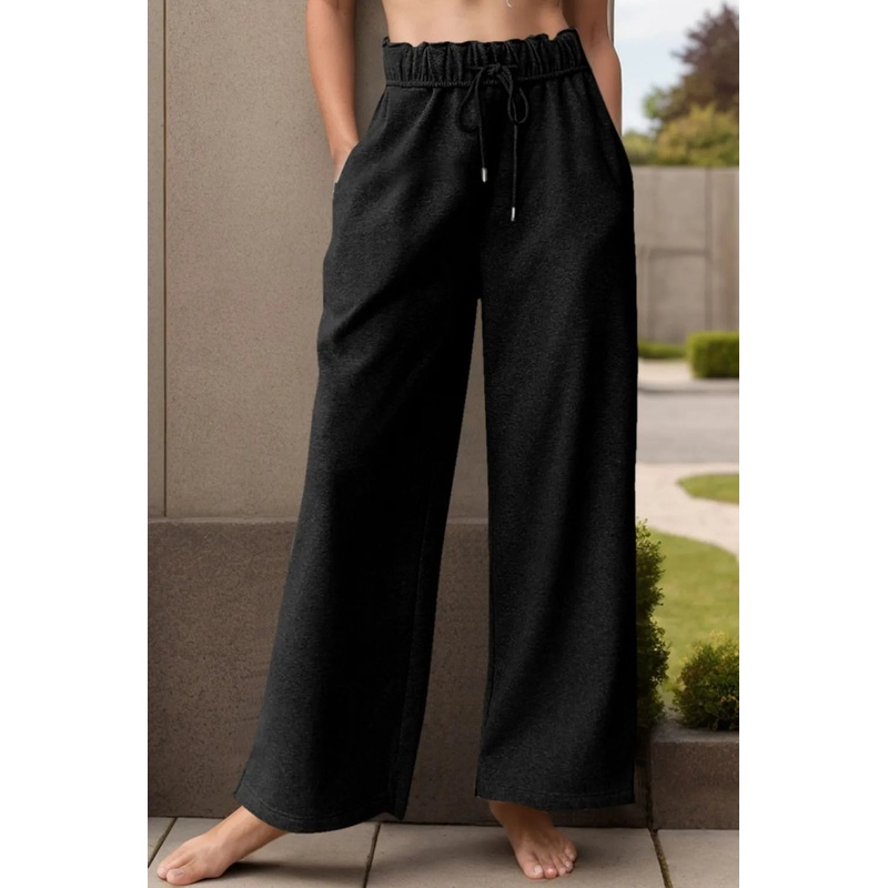 Drawstring Wide Leg Active Pants Black S