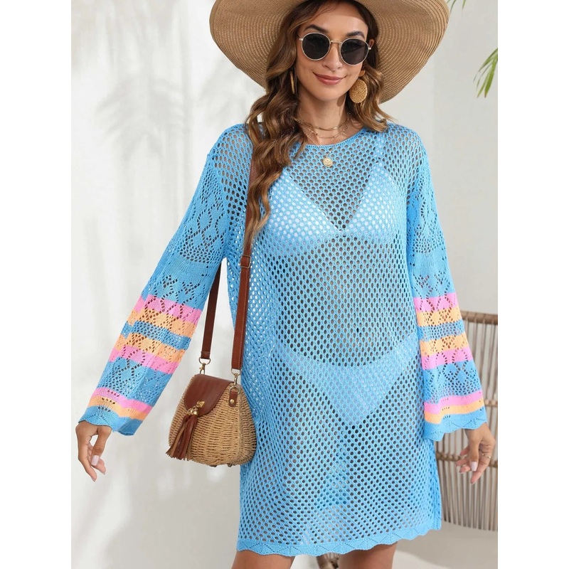 Openwork Contrast Long Sleeve Cover-Up Light Blue One Size