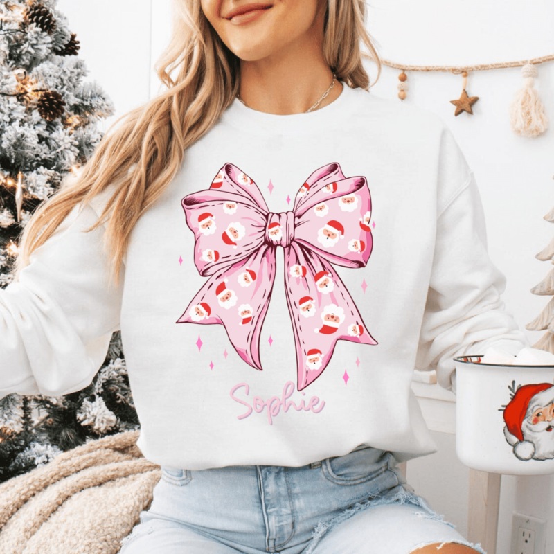 Custom Santa Bow Christmas Sweatshirt White S