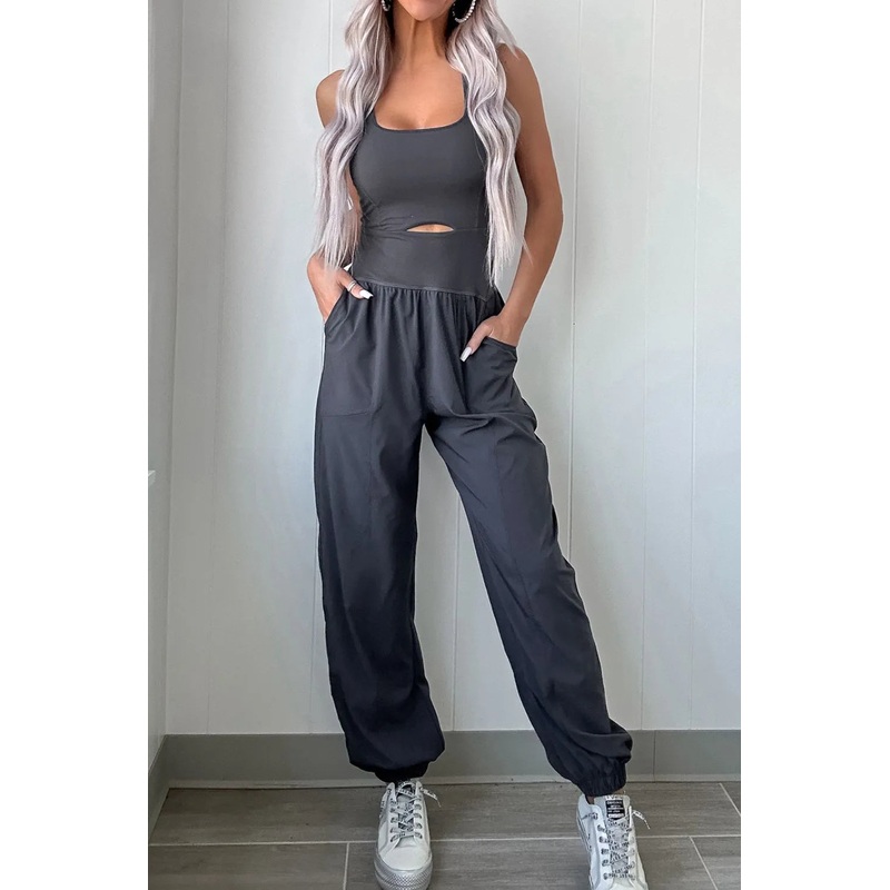 Cutout Square Neck Wide Strap Active Jumpsuit Dark Gray M