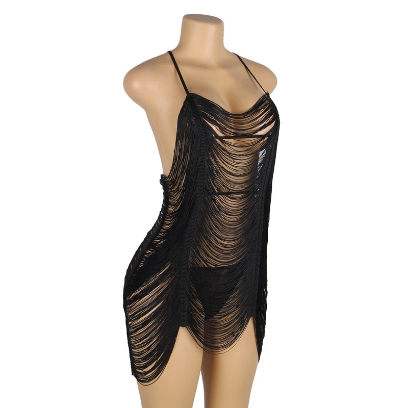 Shimmy Fringe Lingerie Chemise Black Extra Small/Small