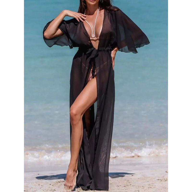 Solid Color Flutter Sleeve Cover-Up Black One Size