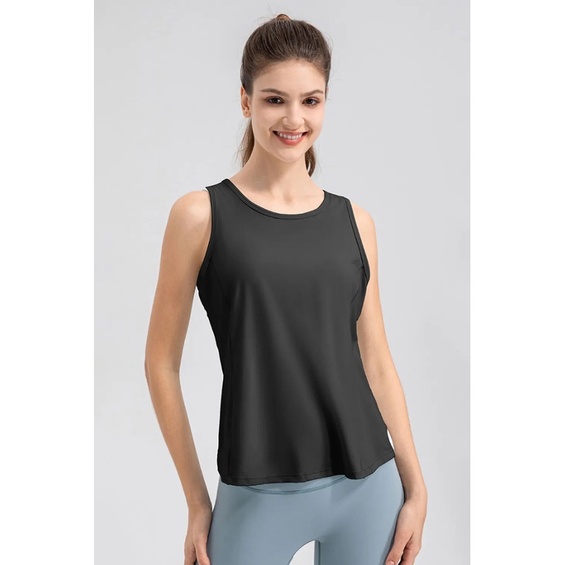 Wide Strap Round Neck Active Tank Black S