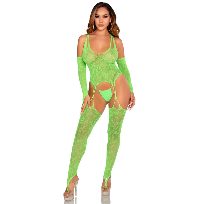 2 Pc Lace Halter Footless Cami Garter With Attached Toe Loop Stockings O/s – Neon Green