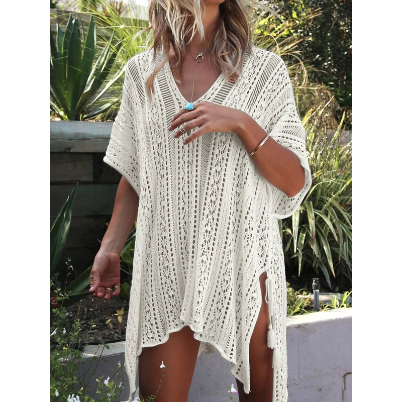 Angel Wings Cutout V-Neck Cover-Up with Tassel White One Size