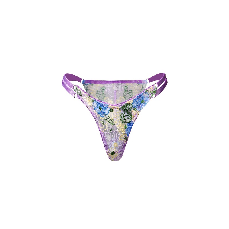 Purple Florals Embroidery Thong PURPLE S