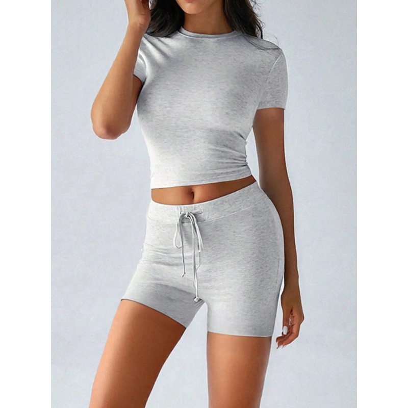 Round Neck Short Sleeve Top and Shorts Set White Flower Ash S