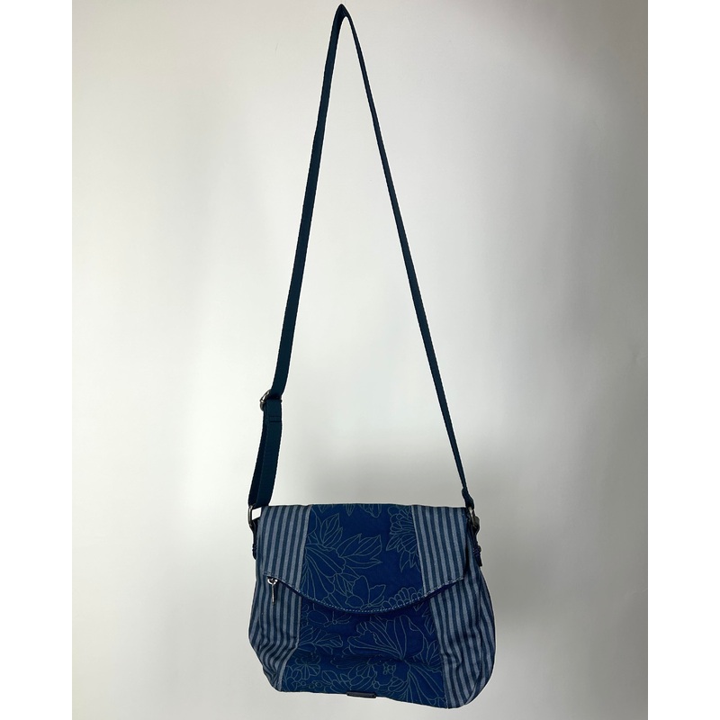 Blue Embroidered Crossbody Bag with Flapover Closure