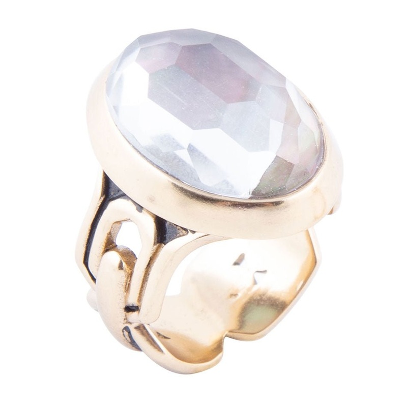 Etto Black Mother of Pearl Golden Dome Statement Ring 7