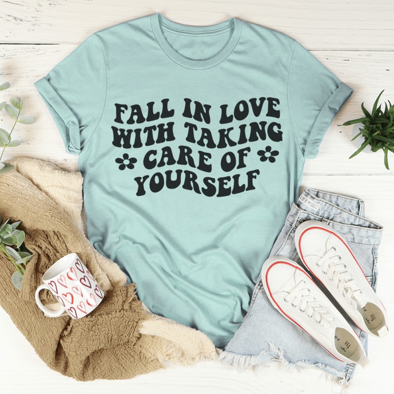 Fall In Love With Taking Care Of Yourself Tee Heather Prism Dusty Blue S