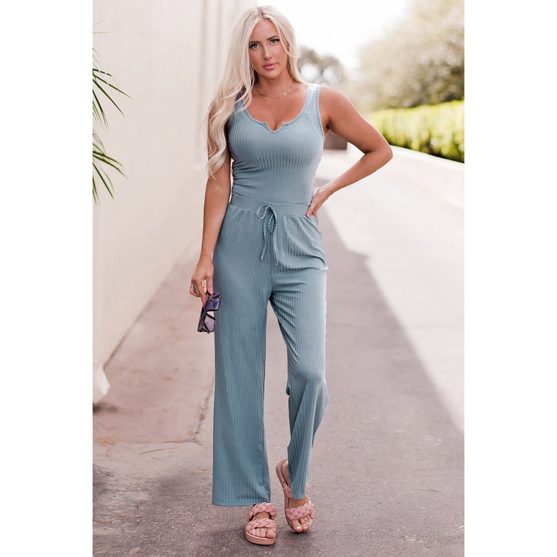 Notched Neck Tank Top and Tie Waist Wide Leg Long Pants Lounge Set Cloudy Blue S