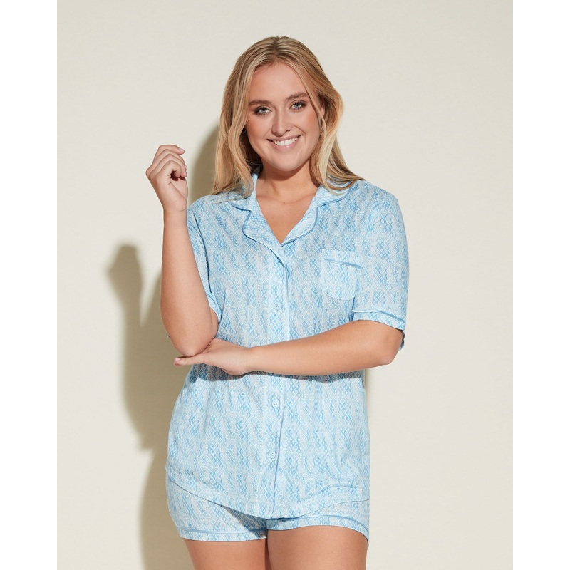 Short Sleeve Top & Boxer Pajama Set India Diamond/ Aasmani Blue XS
