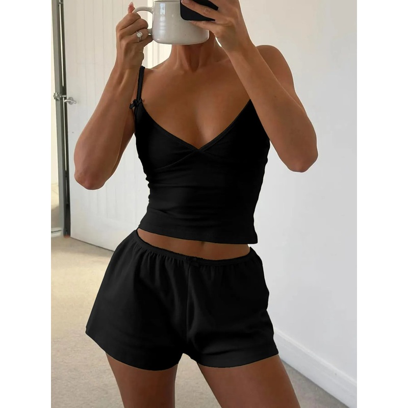 V-Neck Cami and Shorts Set Black S