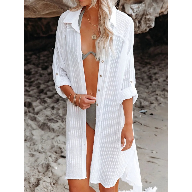 Button Up Roll-Tab Sleeve Cover-Up White One Size