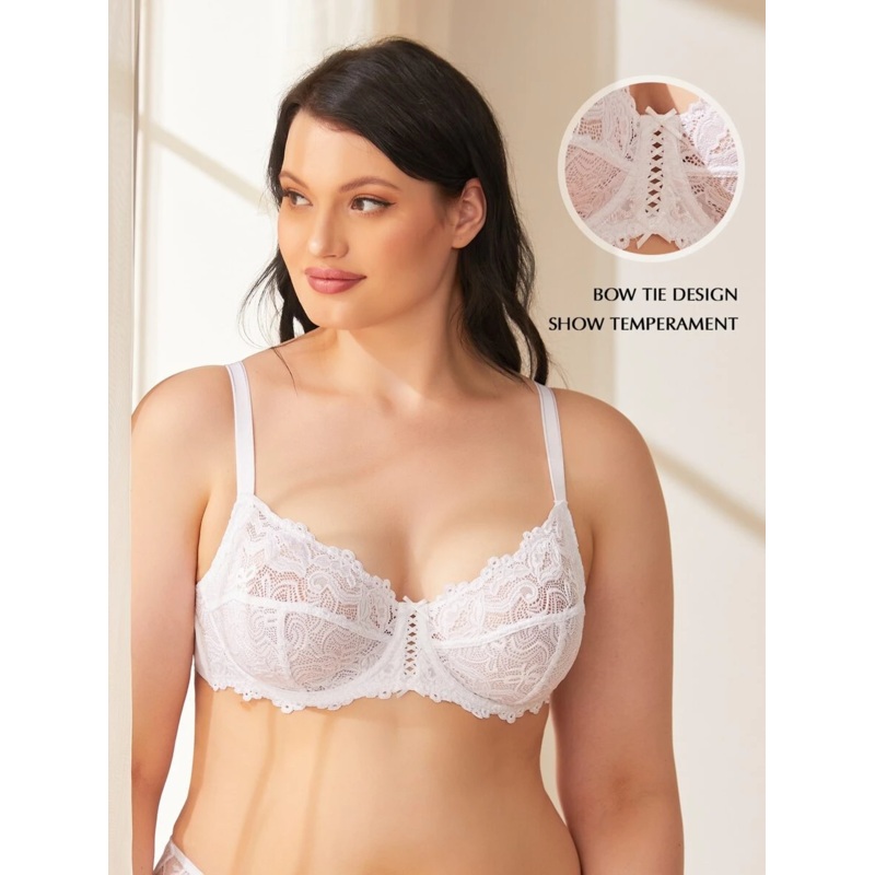 Full Coverage Sheer Lace Underwire Plus Size Bra White 42C/95C