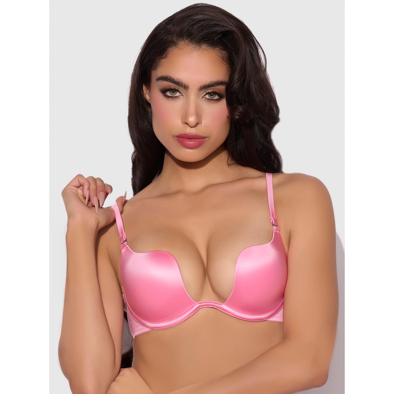 Rising Star Plunge Push Up Bra in Liquid Satin Bubblegum Pink 34 B