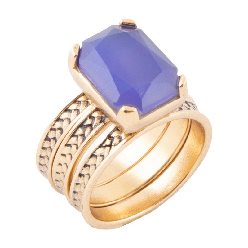 Blue Agate Stackable Golden Three Set Ring 7