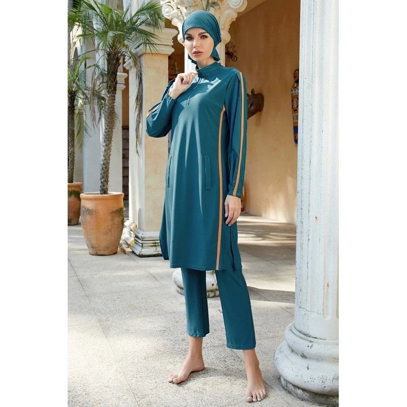 Cap, Quarter Zip Top and Pants Swim Set Deep Teal S