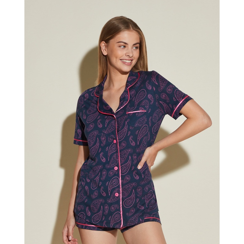 Conjunto De Pijama Con Camisa De Manga Corta Y Pantalones Cortos Navy Paisley XS