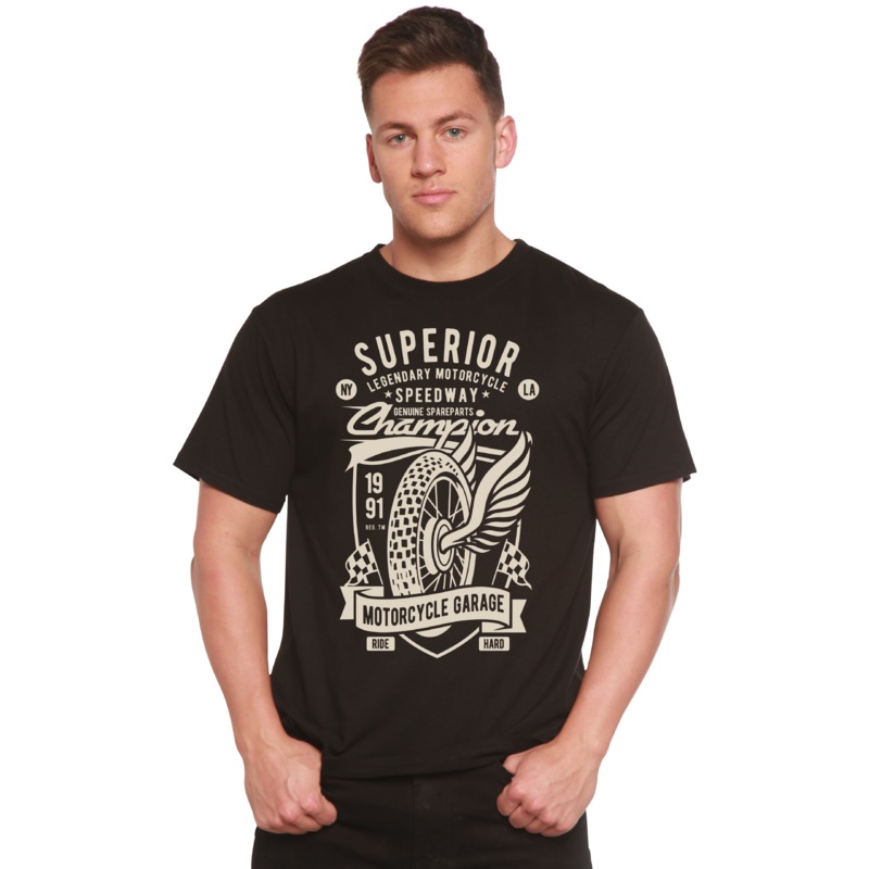 Superior Motorcycle Spun Bamboo Men’s Bamboo Viscose/Organic Cotton Short Sleeve Graphic T-Shirt Medium Black