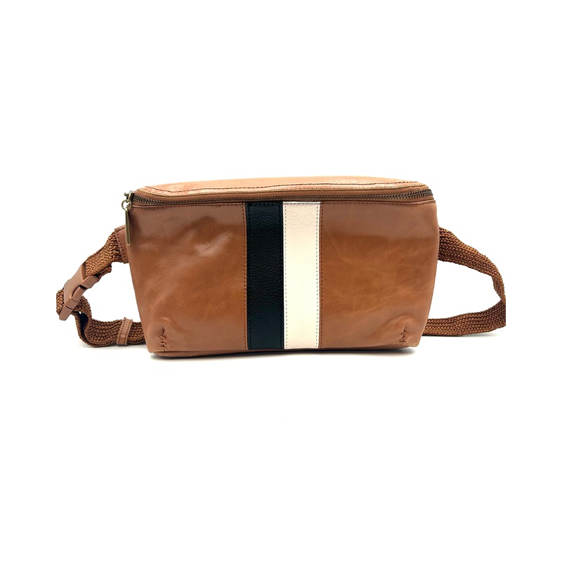 White and Black Striped Leather Brown Belt Bag