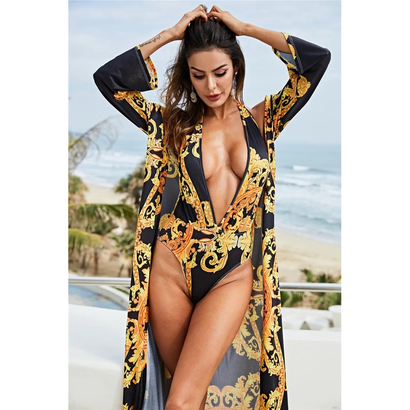 Printed Plunge One-Piece and Cover Up Swim Set Gold M