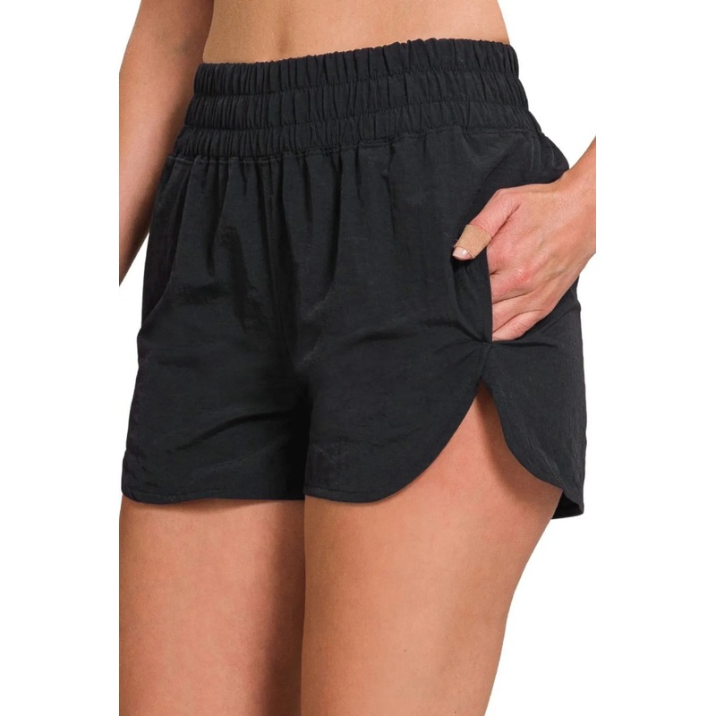 Zenana Windbreaker Smocked Waistband Running Shorts BLACK S