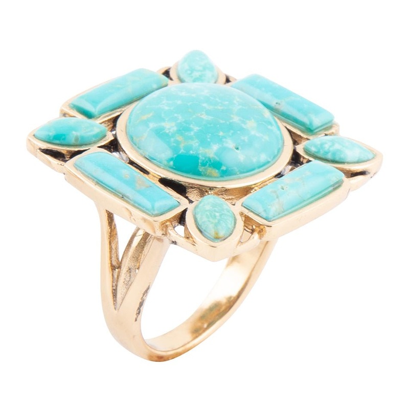 Deco Green Turquoise Golden Statement Ring 7