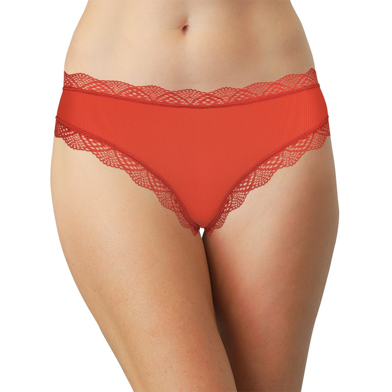 Red Rib Microfiber Thong with Lace Trim S Red