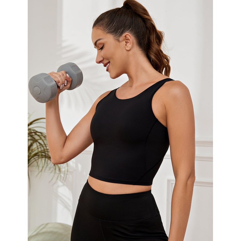 Workout Vests Tops for Women High Neck Longline Sports Bra Tank Built Black L