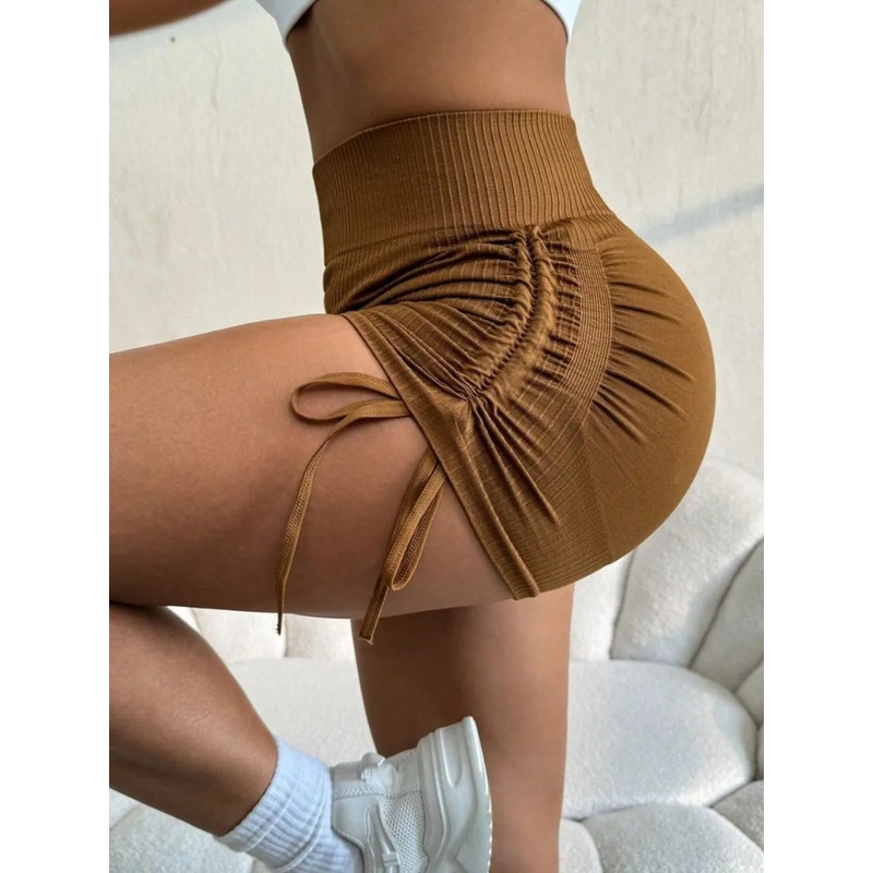 Drawstring High Waist Active Shorts Khaki S